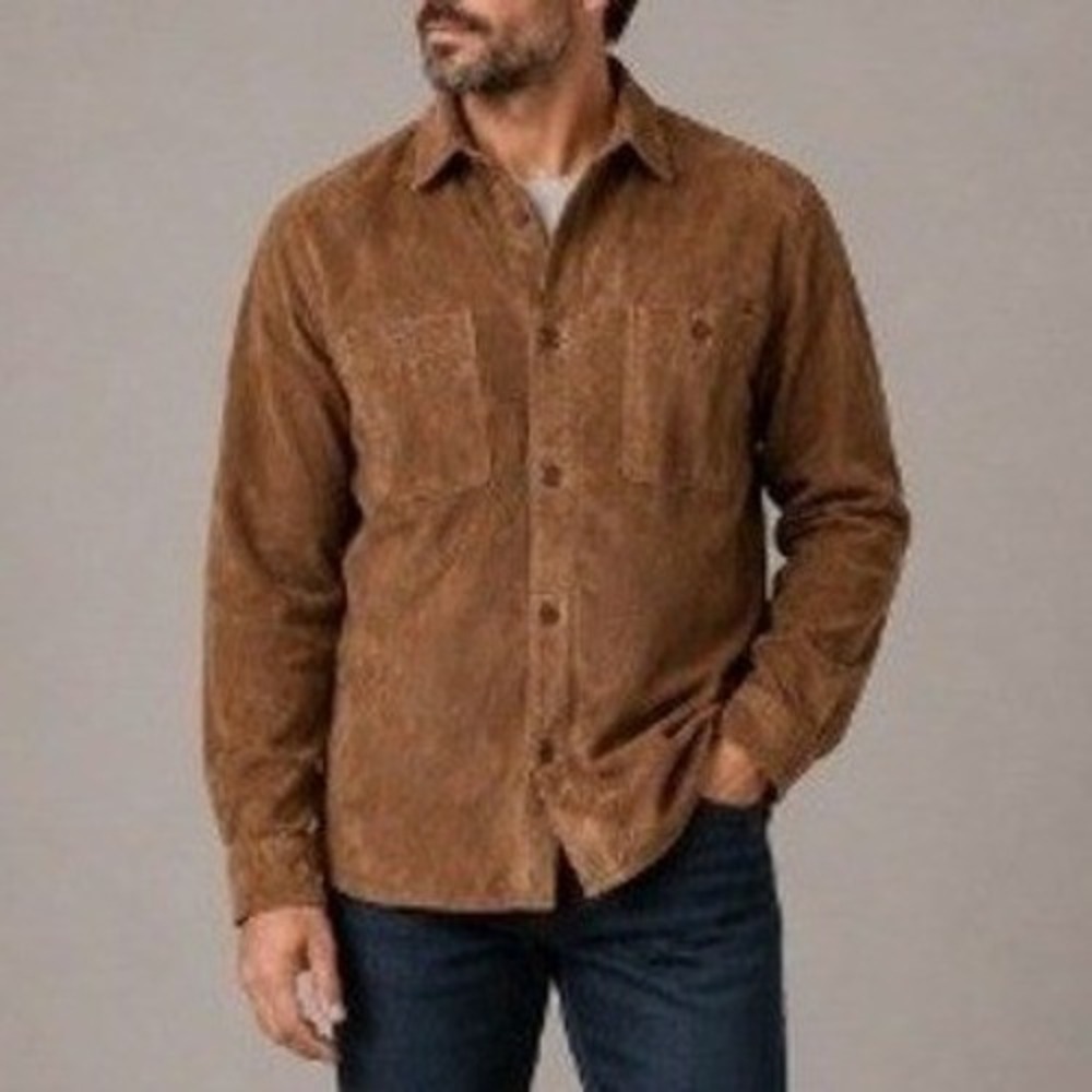 Baracuta Men's Tobacco Front Button Long Sleeves Suede Leather Overshirt Size L